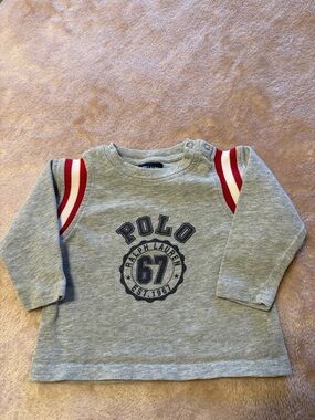 Ralph Lauren Gray Long-Sleeve Tee with Red Stripe Shoulders
